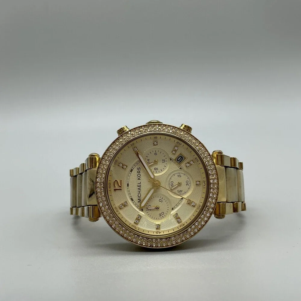 Michael Kors Parker Womens Watch 39mm Gold Tone Chronograph New Battery 7.25